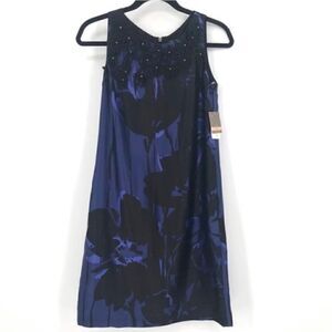 Taylor 100% Silk Floral A-Line Dress Rhinestones Sleeveless Women 2 Blue Black
